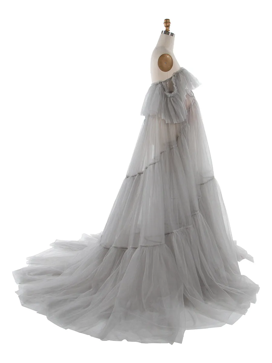 Sheer Tulle Maternity Dress with Ruffles for Photo Shoots Layered Tulle Maternity Robe Photography Dresses YW250004