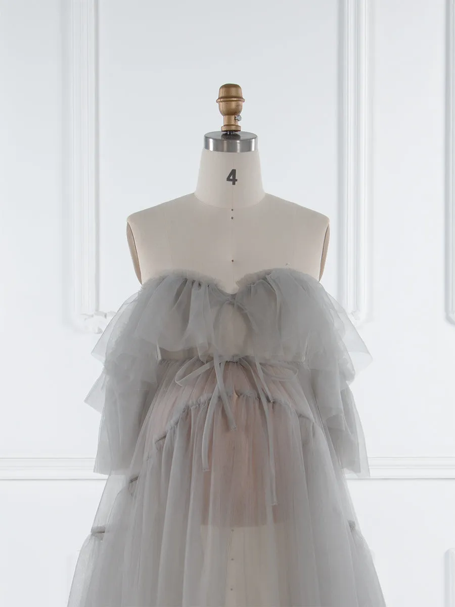 Sheer Tulle Maternity Dress with Ruffles for Photo Shoots Layered Tulle Maternity Robe Photography Dresses YW250004