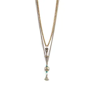 Skull Dagger and Round Pyrite Bead with Hishi Turquoise Accent Layered Chain Necklace