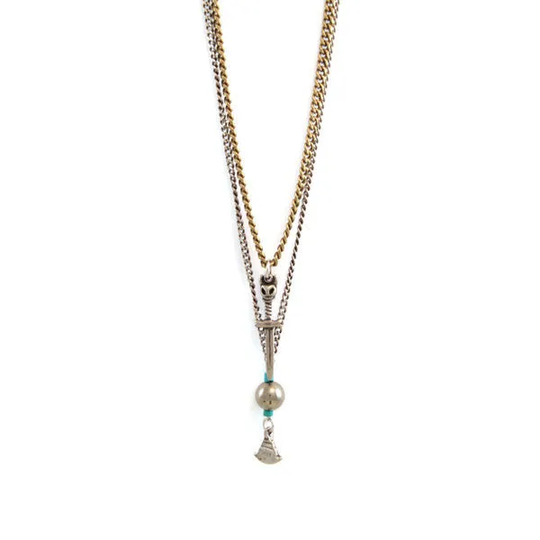 Skull Dagger and Round Pyrite Bead with Hishi Turquoise Accent Layered Chain Necklace