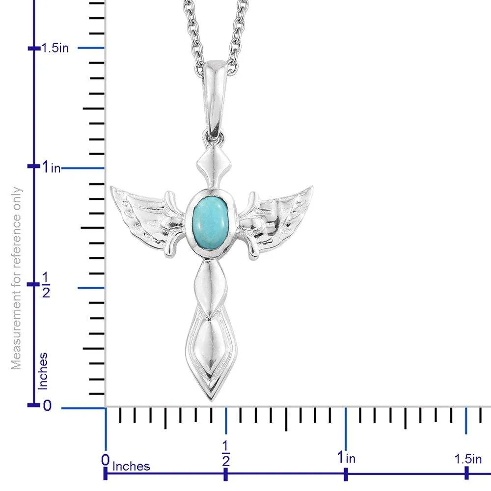 Sterling Silver Mexican Blue Turquoise Winged Cross with Chain (20 in)