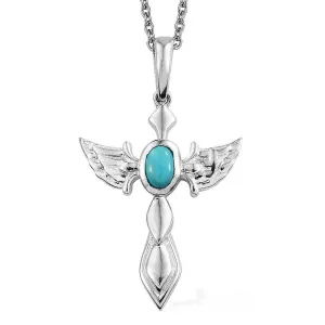 Sterling Silver Mexican Blue Turquoise Winged Cross with Chain (20 in)