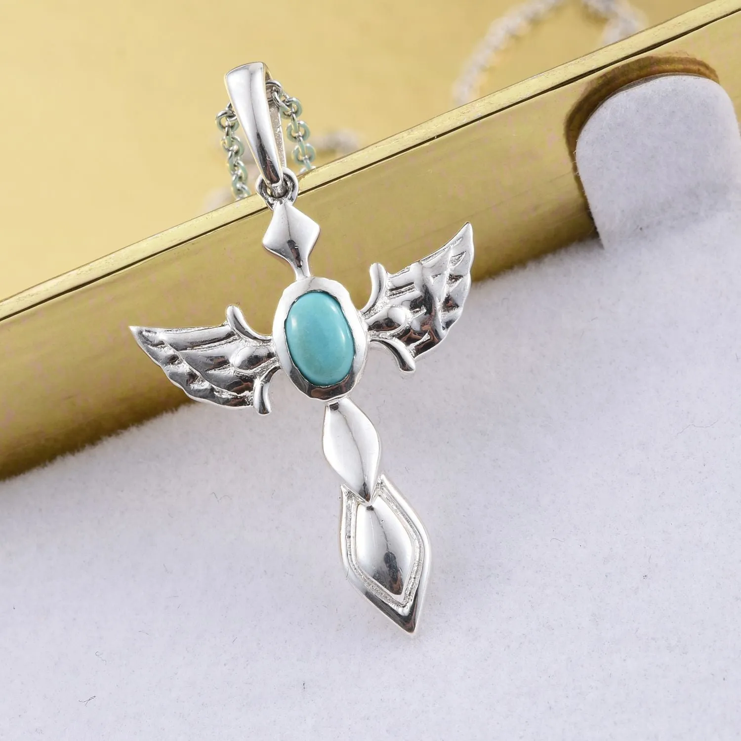Sterling Silver Mexican Blue Turquoise Winged Cross with Chain (20 in)