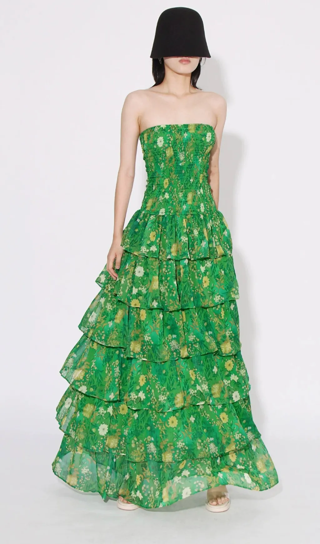 STRAPLESS LAYERED BANDEAU FLORAL PRINT MAXI DRESS IN GREEN