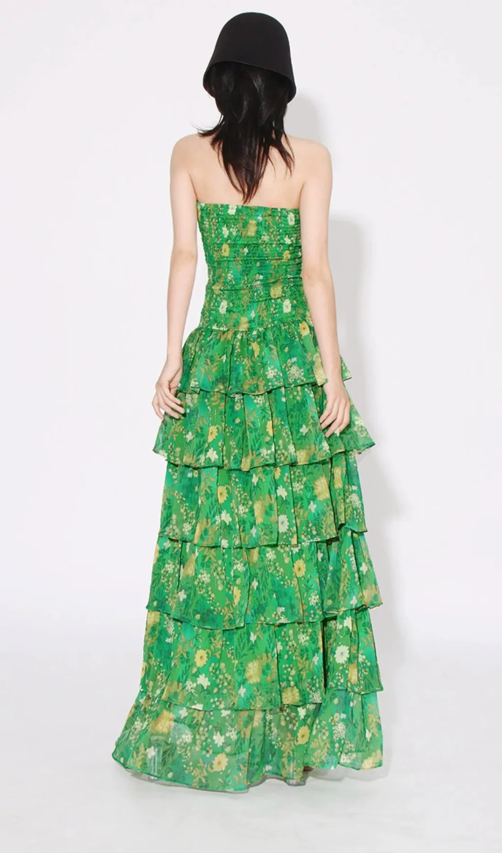 STRAPLESS LAYERED BANDEAU FLORAL PRINT MAXI DRESS IN GREEN
