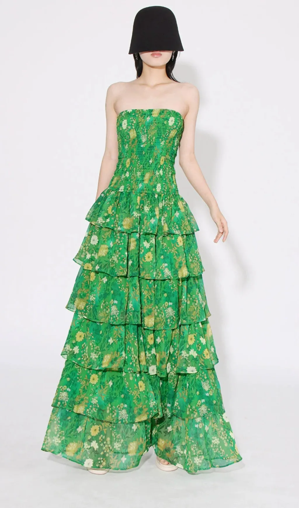 STRAPLESS LAYERED BANDEAU FLORAL PRINT MAXI DRESS IN GREEN