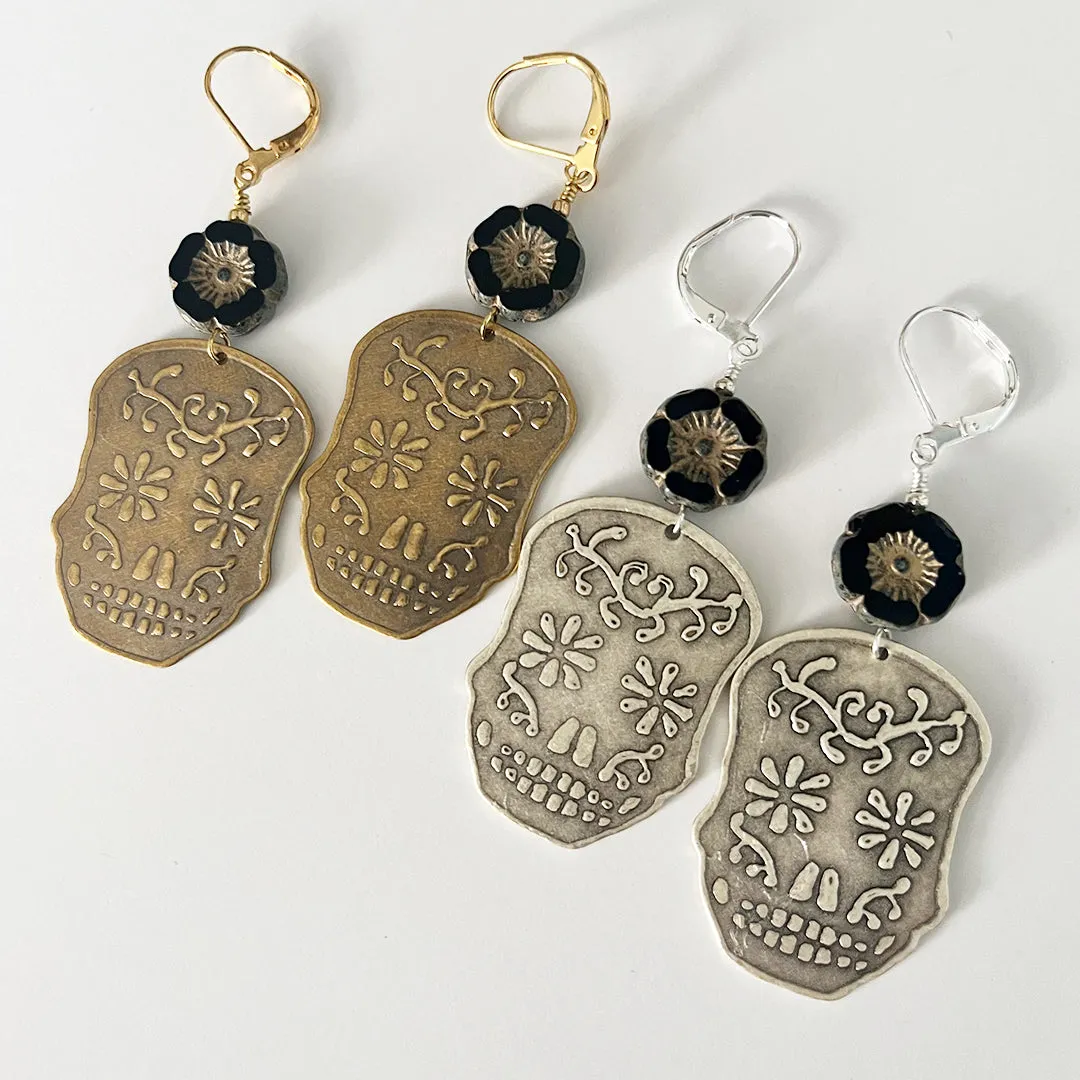Sugar Skull & Flower Earrings GOLD & BLACK