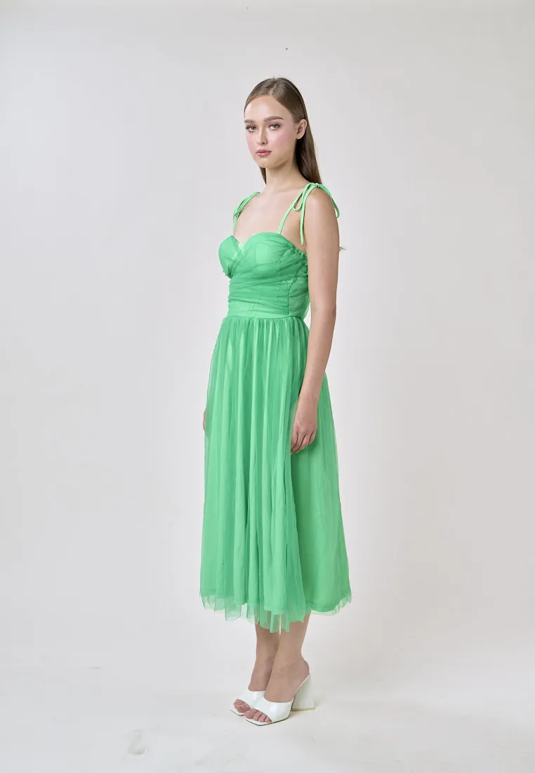 Tania Green Sweetheart Neck Tulle Layered Midi Dress