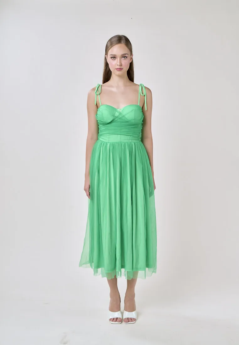 Tania Green Sweetheart Neck Tulle Layered Midi Dress