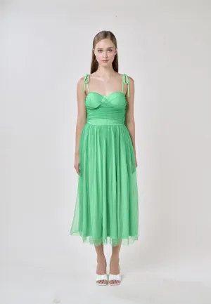 Tania Green Sweetheart Neck Tulle Layered Midi Dress