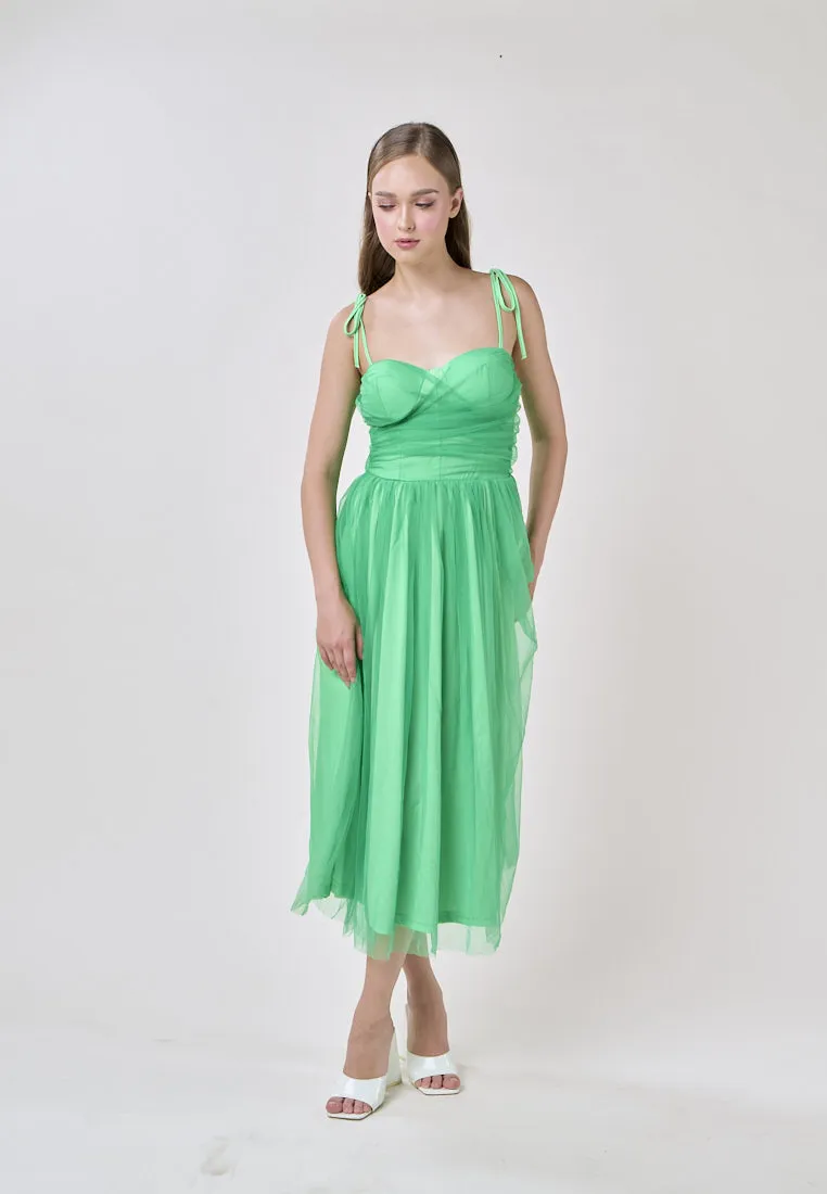 Tania Green Sweetheart Neck Tulle Layered Midi Dress