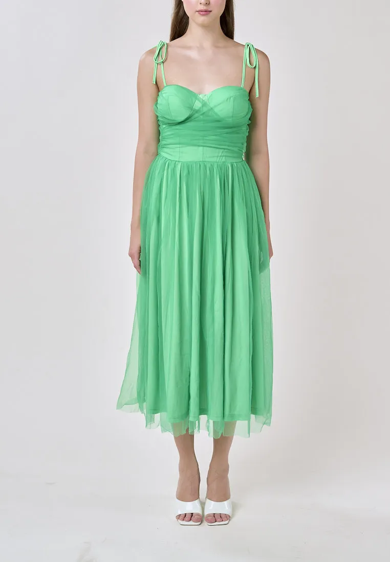 Tania Green Sweetheart Neck Tulle Layered Midi Dress