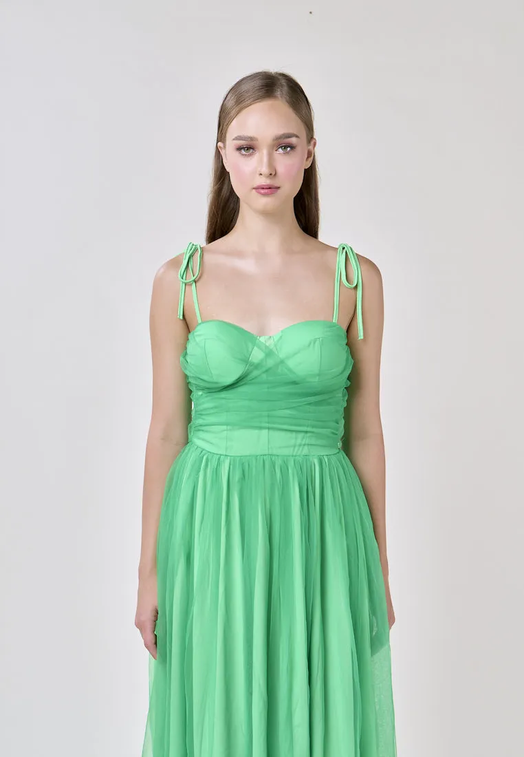 Tania Green Sweetheart Neck Tulle Layered Midi Dress