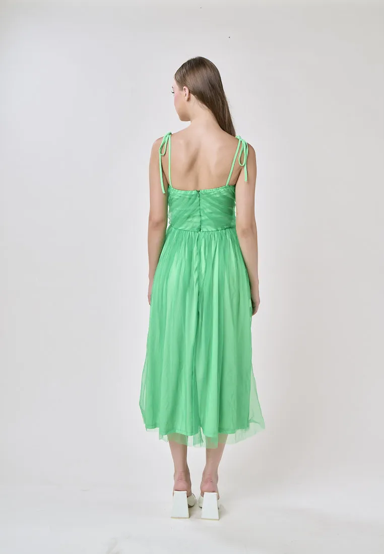 Tania Green Sweetheart Neck Tulle Layered Midi Dress