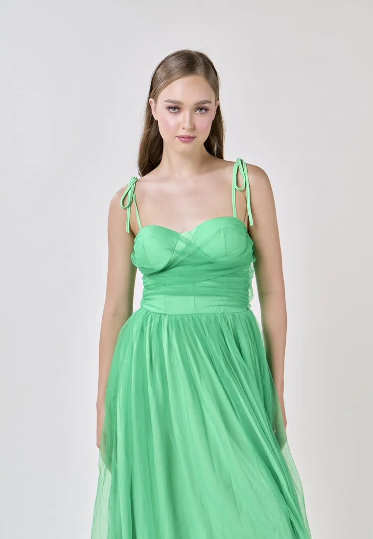 Tania Green Sweetheart Neck Tulle Layered Midi Dress