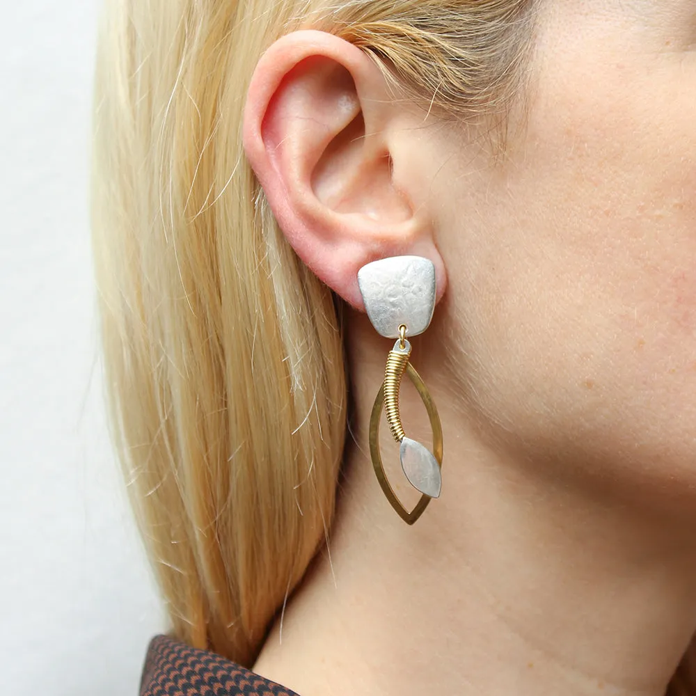Tapered Square with Wire Wrapped Swoop with Leaf and Leaf Frame Clip or Post Earring