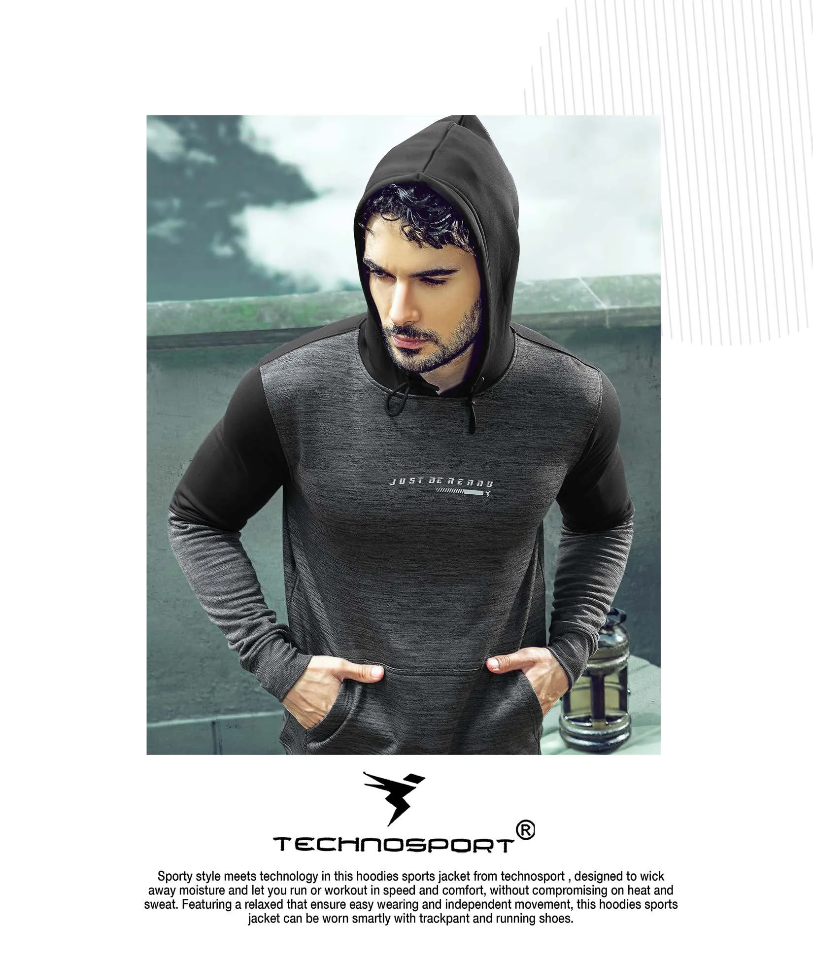 Technosport Full Sleeve Dry Fit Hoodie Jacket for Men PL-72 (Dark Grey)