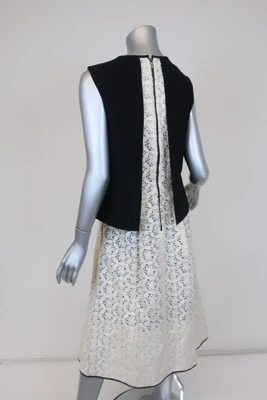 Tibi Dress Black/Cream Layered Crepe & Lace Size 6 Sleeveless Midi