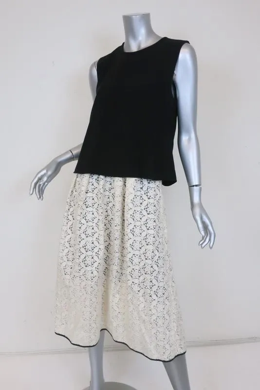 Tibi Dress Black/Cream Layered Crepe & Lace Size 6 Sleeveless Midi