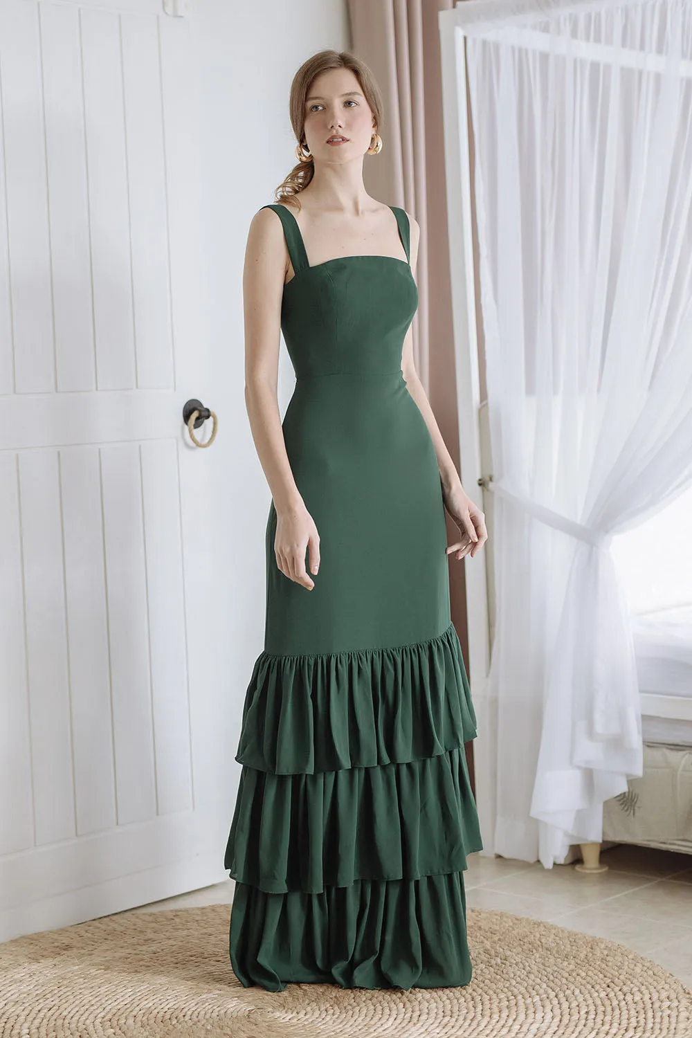 TIJUANA Layered Ruffle Maxi Dress with Thick Straps (Emerald Green Chiffon)