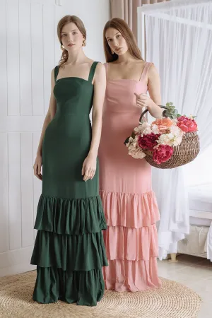 TIJUANA Layered Ruffle Maxi Dress with Thick Straps (Emerald Green Chiffon)