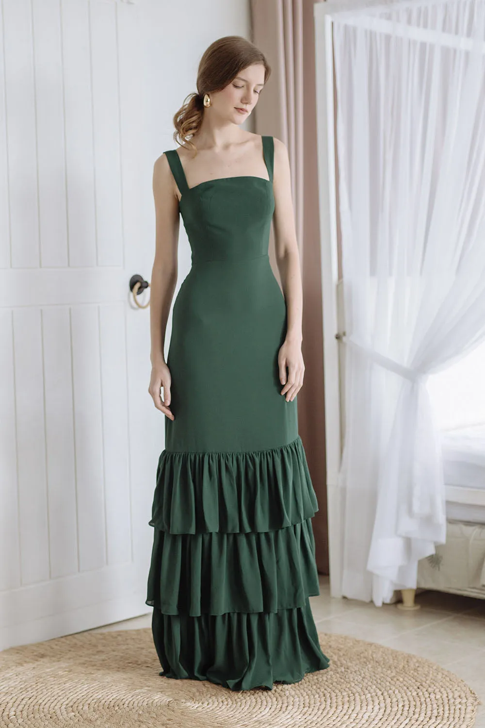 TIJUANA Layered Ruffle Maxi Dress with Thick Straps (Emerald Green Chiffon)