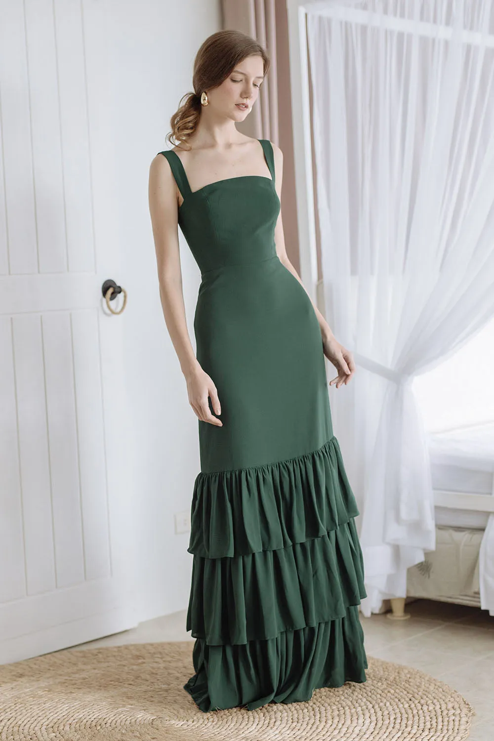 TIJUANA Layered Ruffle Maxi Dress with Thick Straps (Emerald Green Chiffon)
