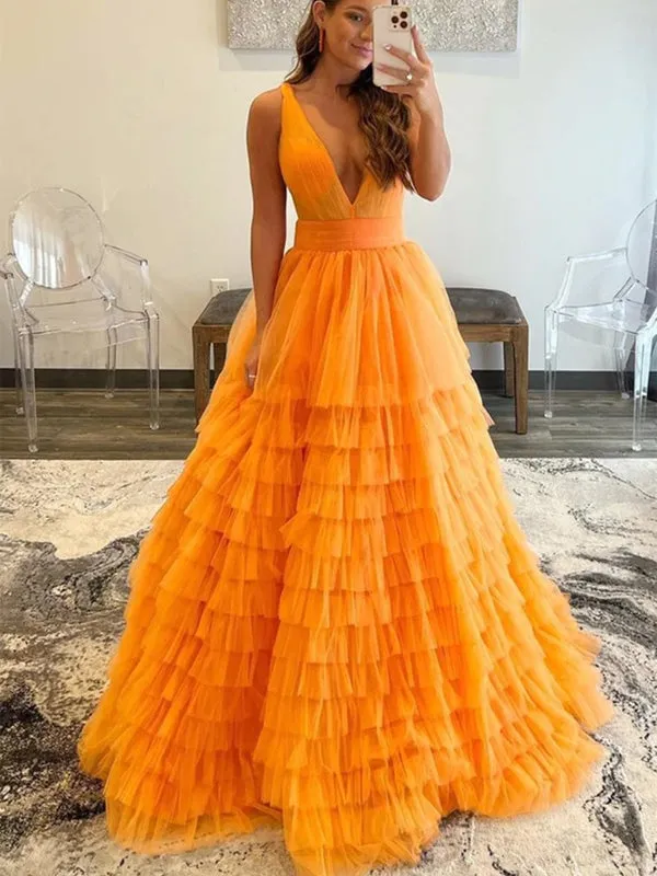 V Neck Layered Orange Tulle Long Prom Dresses, Orange Tulle Formal Evening Dresses