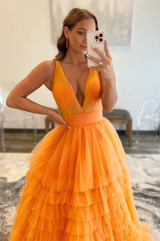 V Neck Layered Orange Tulle Long Prom Dresses, Orange Tulle Formal Evening Dresses
