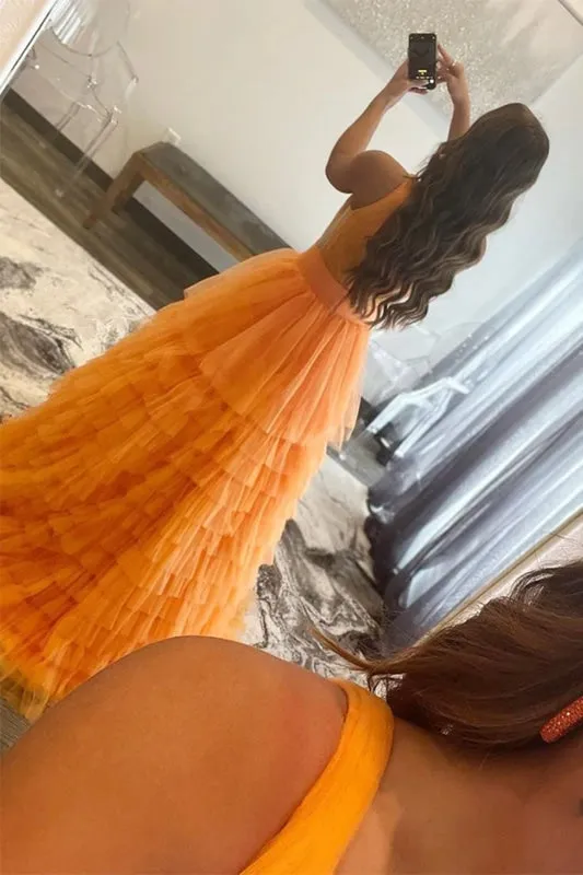 V Neck Layered Orange Tulle Long Prom Dresses, Orange Tulle Formal Evening Dresses