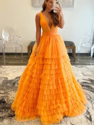 V Neck Layered Orange Tulle Long Prom Dresses, Orange Tulle Formal Evening Dresses