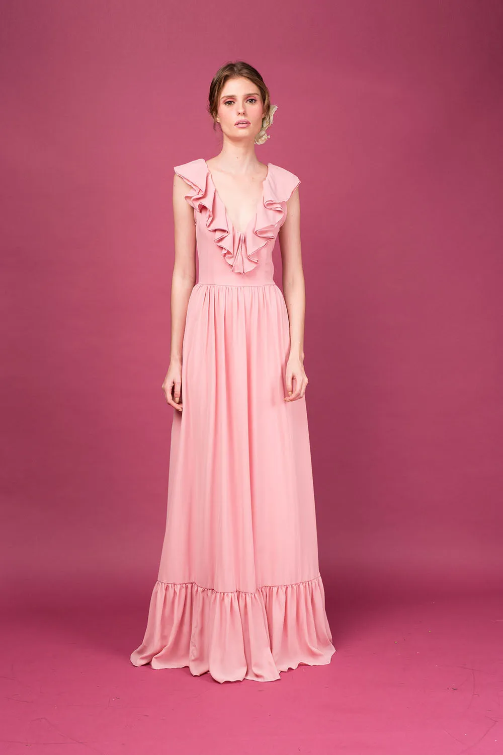 VALERIA Deep V Maxi Dress with Layered Ruffle Front (Dusty Rose)