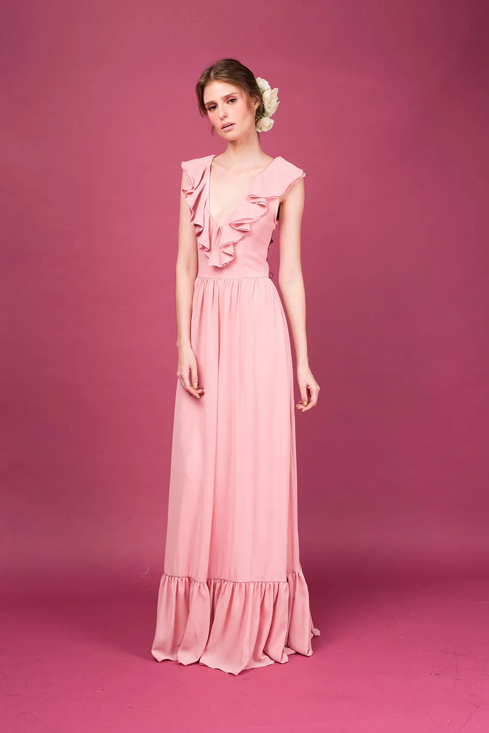 VALERIA Deep V Maxi Dress with Layered Ruffle Front (Dusty Rose)