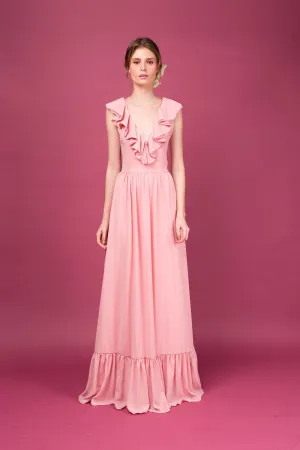 VALERIA Deep V Maxi Dress with Layered Ruffle Front (Dusty Rose)