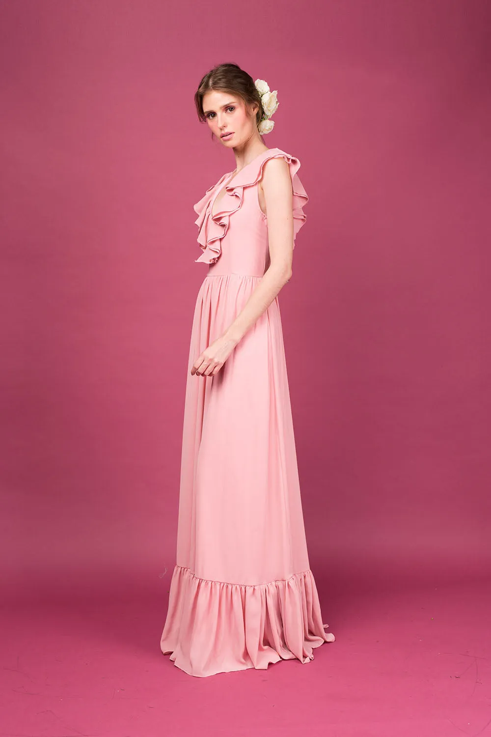 VALERIA Deep V Maxi Dress with Layered Ruffle Front (Dusty Rose)