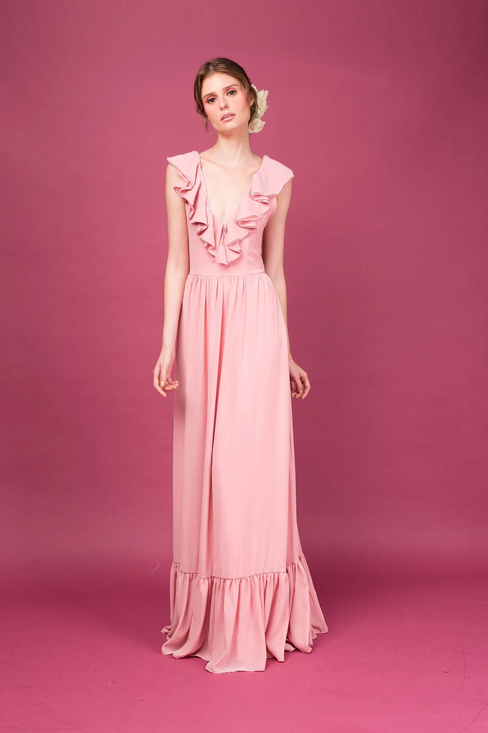 VALERIA Deep V Maxi Dress with Layered Ruffle Front (Dusty Rose)