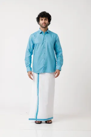 Varna - Light Blue Matching Shirt and Double Layered Dhoti Set For Men | Uathayam