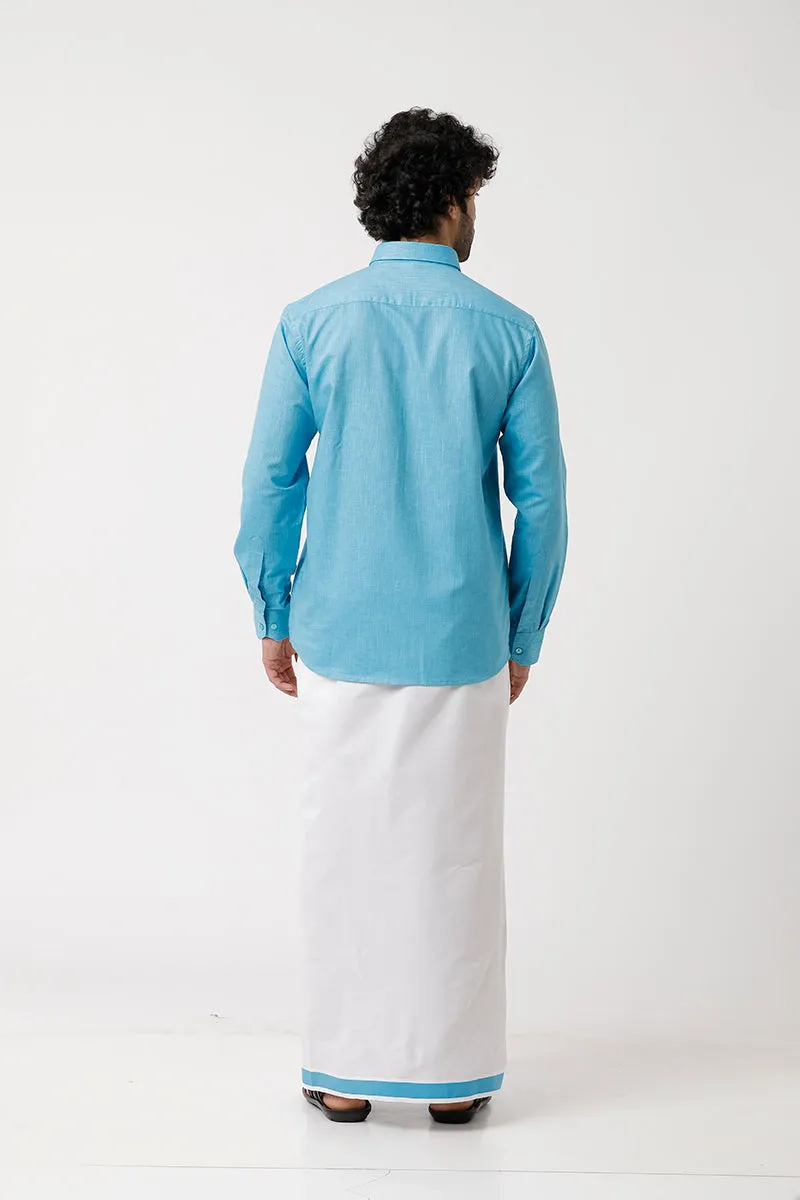 Varna - Light Blue Matching Shirt and Double Layered Dhoti Set For Men | Uathayam
