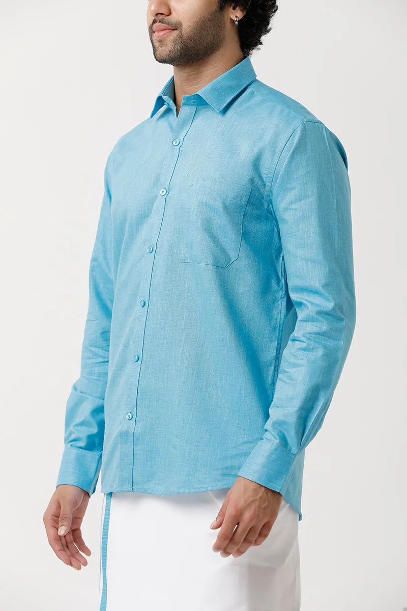 Varna - Light Blue Matching Shirt and Double Layered Dhoti Set For Men | Uathayam