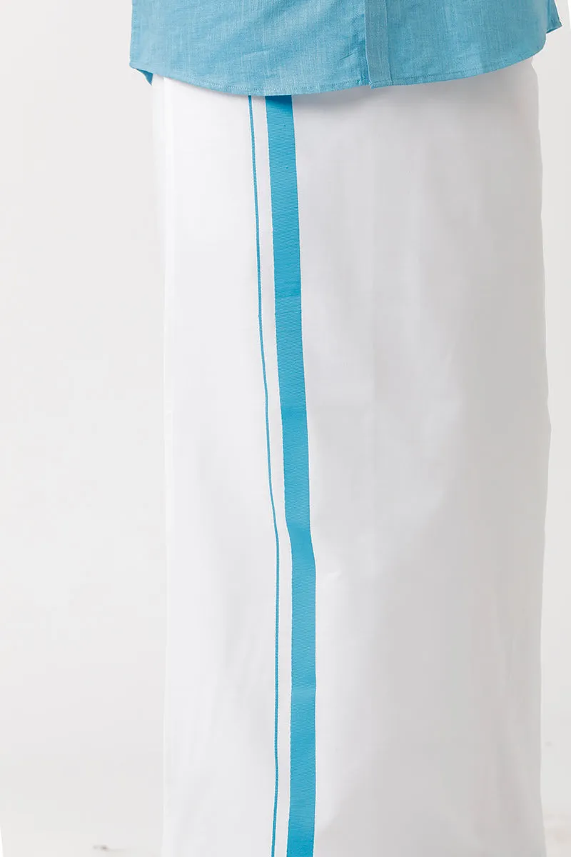 Varna - Light Blue Matching Shirt and Double Layered Dhoti Set For Men | Uathayam