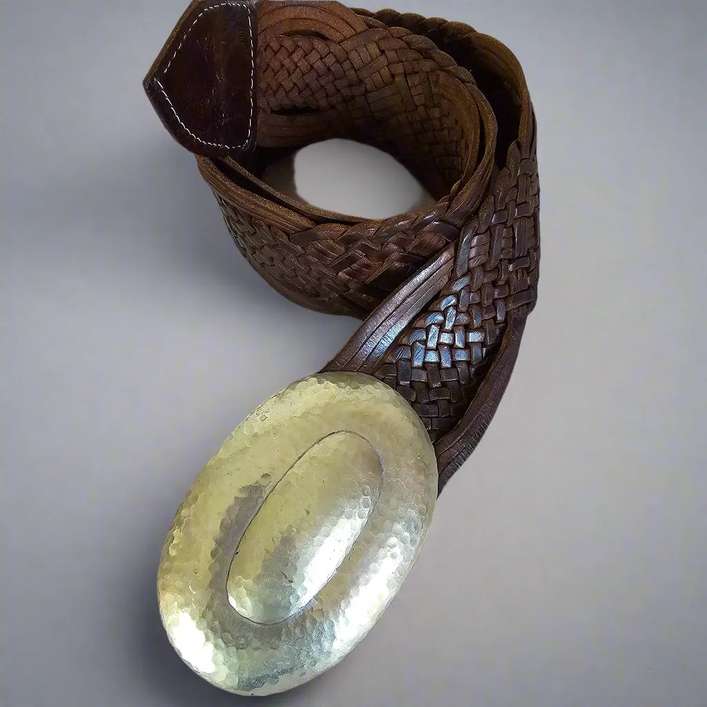 Vintage Handwoven Leather Belt with Hammered Buckle