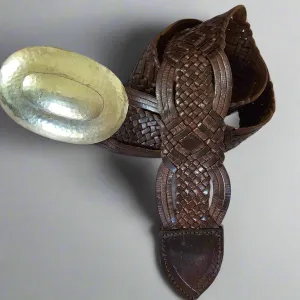 Vintage Handwoven Leather Belt with Hammered Buckle