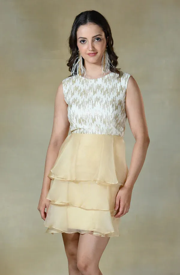 White & Golden Embroidered Frill Dress