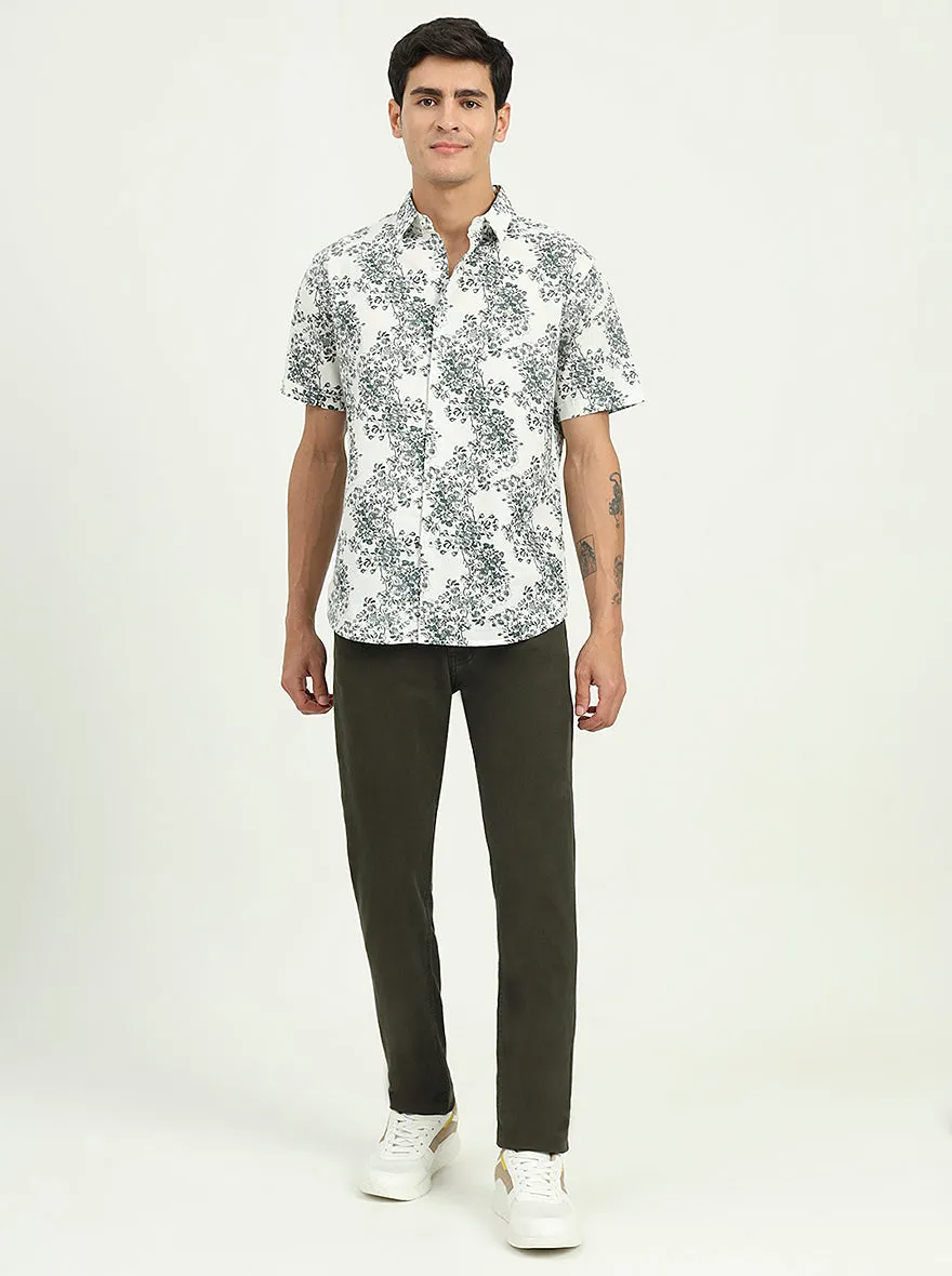 White & Green Printed Slim Fit Casual Shirt | Greenfibre