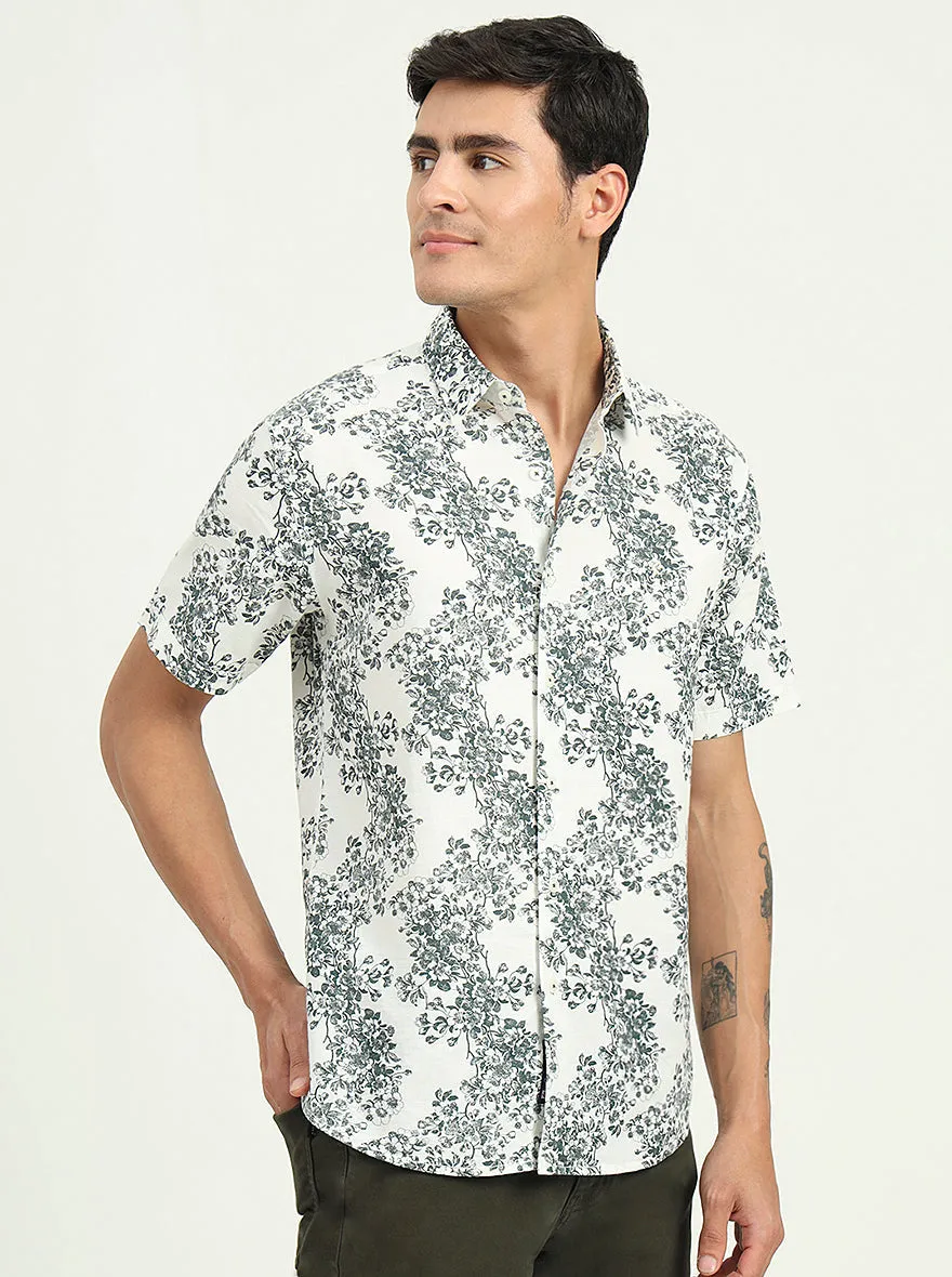 White & Green Printed Slim Fit Casual Shirt | Greenfibre