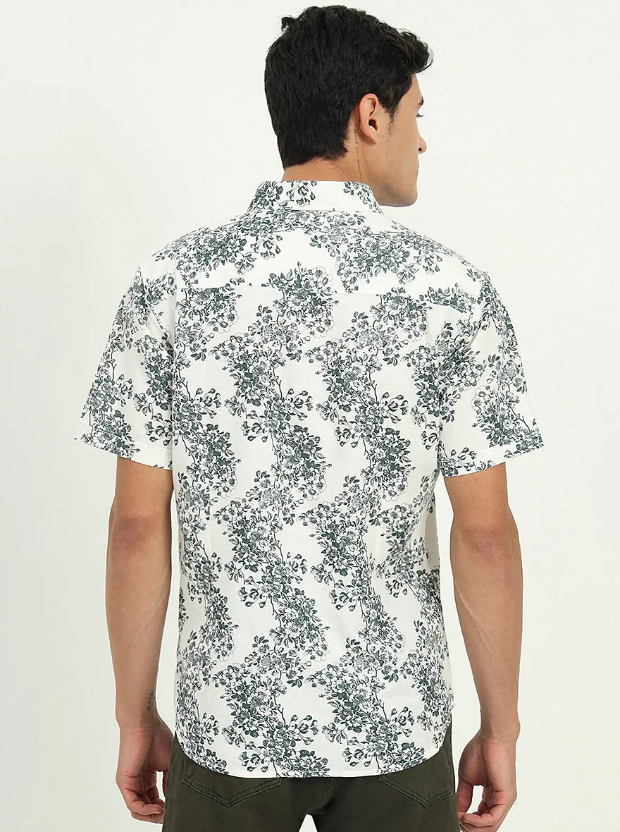 White & Green Printed Slim Fit Casual Shirt | Greenfibre