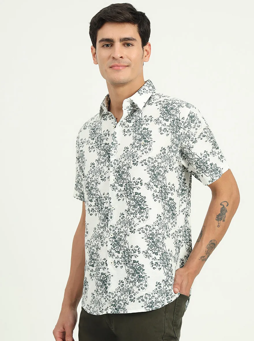 White & Green Printed Slim Fit Casual Shirt | Greenfibre