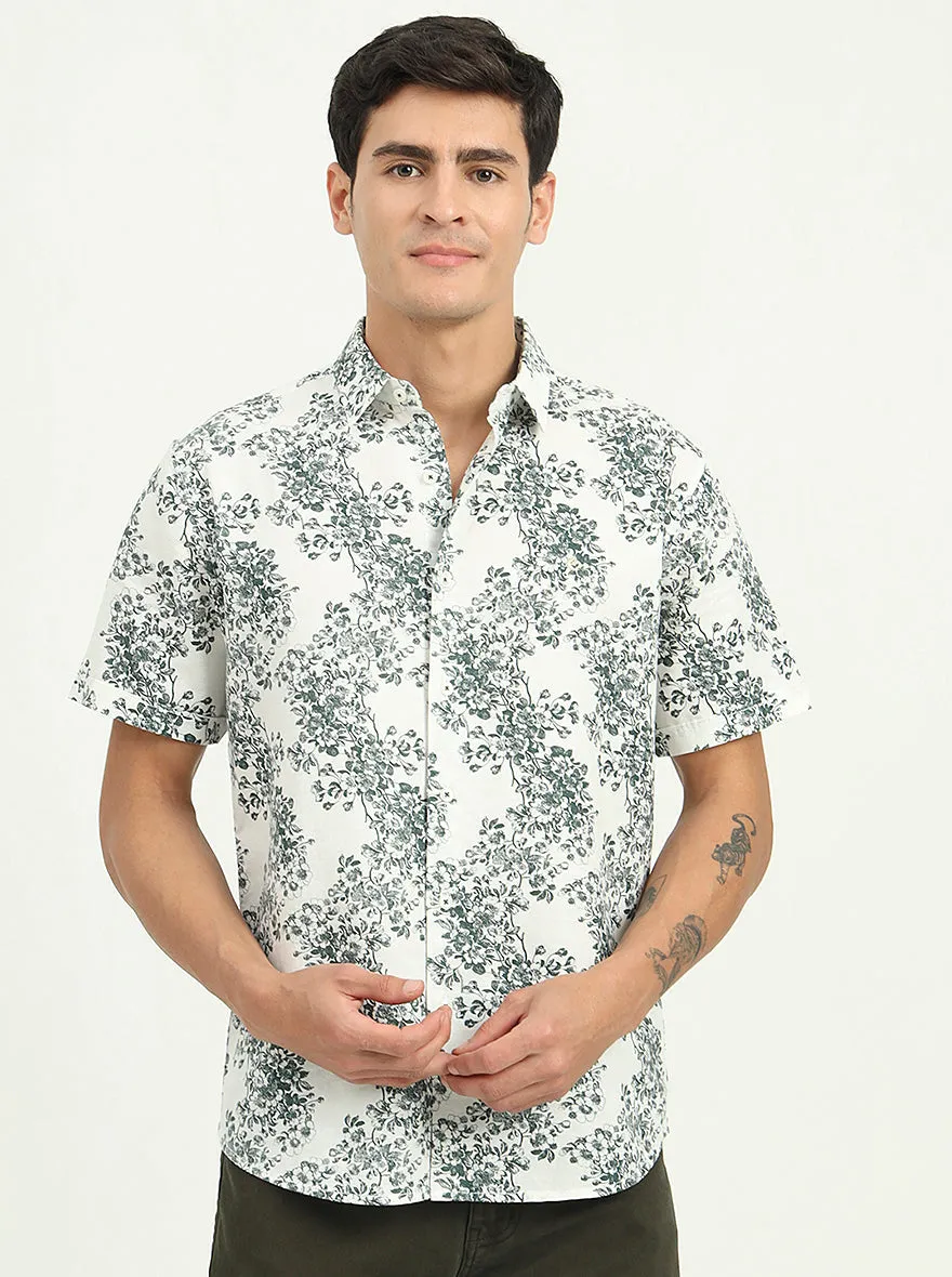 White & Green Printed Slim Fit Casual Shirt | Greenfibre