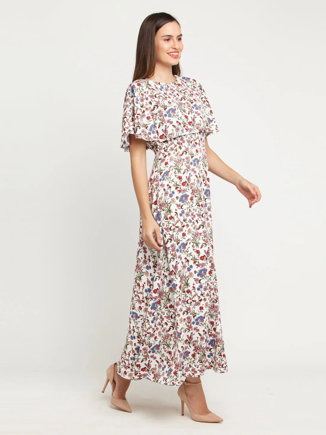 White Printed Layered Maxi Dress