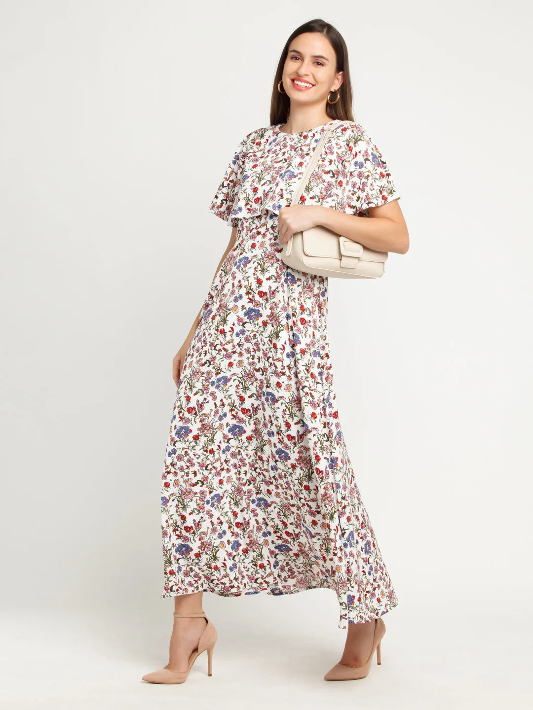 White Printed Layered Maxi Dress